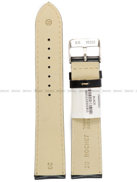 Pasek skórzany do zegarka - Rochet Colorado 7602001 - 20 mm - Czarny beżowe przyszycie