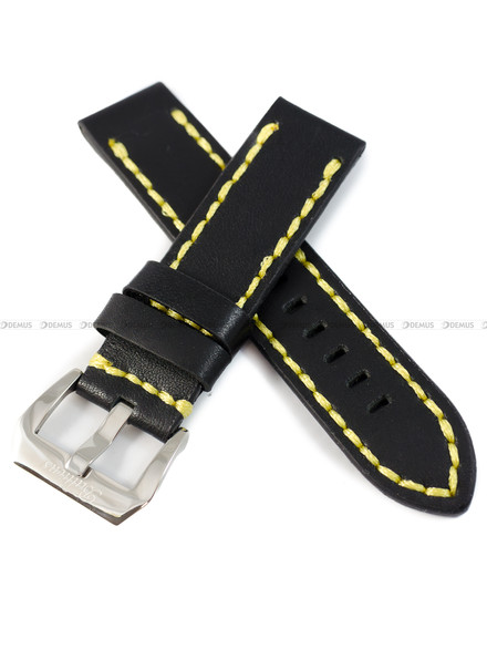 Pasek skórzany do zegarka Balticus Grey Seal - Foka - 22 mm - Czarny z żółtym przyszyciem