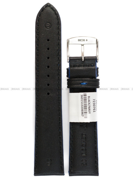 Pasek skórzany do zegarka - Rochet Neptune 7230761 - 20 mm - Czarny niebieskie przyszycie