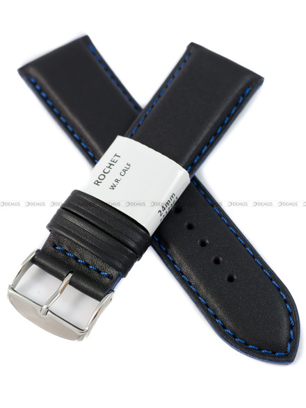 Pasek skórzany do zegarka - Rochet Neptune 7232461 - 24 mm - Czarny niebieskie przyszycie