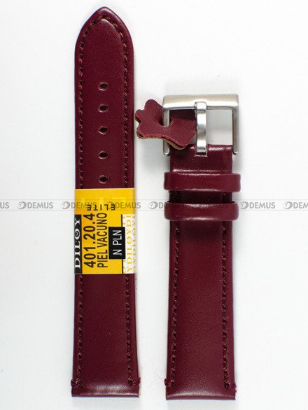 Pasek skórzany do zegarka - Diloy 401.20.4 - 20 mm bordowy