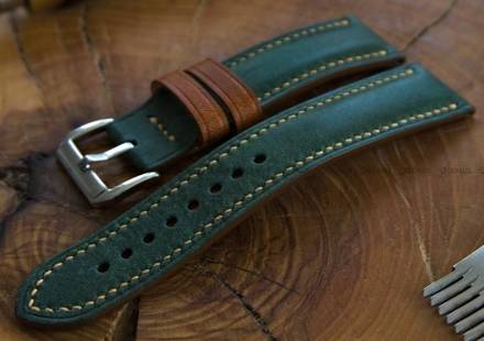 Pasek skórzany ręcznie robiony A. Kucharski Leather - Conceria Il Ponte Maya Double - darkgreen/camel 32 mm